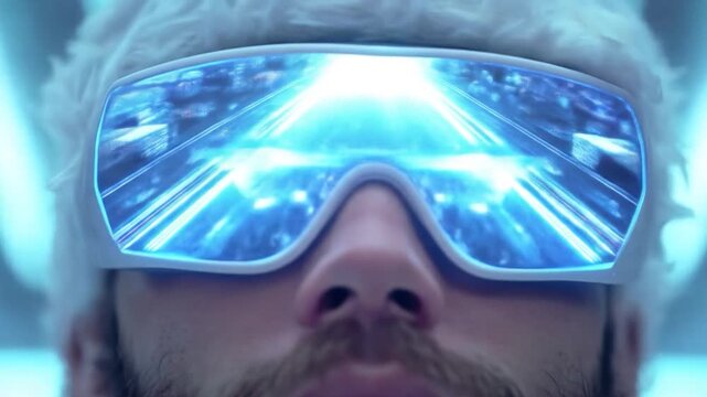 Man wearing futuristic goggles reflecting blue digital data in cinematic macro steady cam shot for technology advertising
