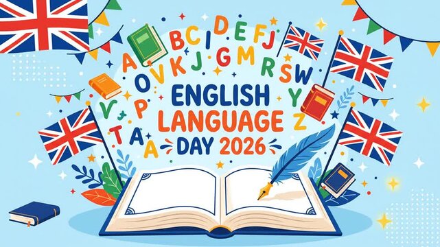 English Language Day celebration with open book and floating letters