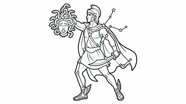 Perseus Holding Medusa's Head with Constellation Overlay, Black and White Line Art Vector Illustration, Greek Mythology Hero