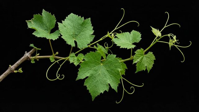 Fresh green grapevine branch with vibrant leaves and curling tendrils against black background