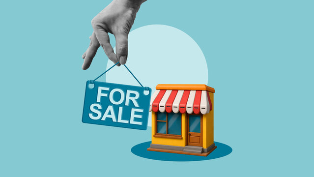 Small Business for Sale Concept with Retail Store and Hand Holding For Sale Sign, Business Acquisition, Franchise Opportunity, Commercial Property and Entrepreneurship