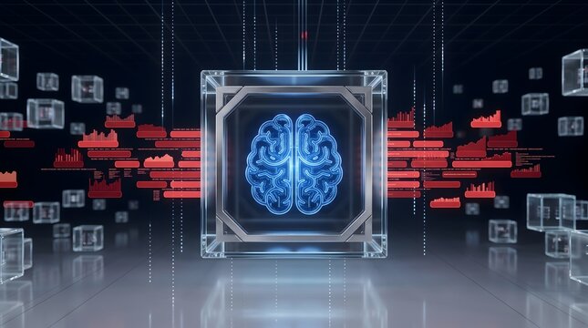 Advanced AI cognitive processing and data analytics concept featuring digital brain inside glass cube interface