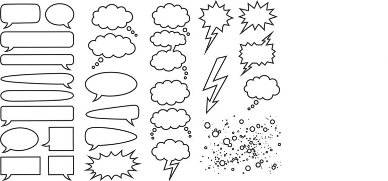 Comic book speech and thought bubbles set, manga blank dialogue frames and lightning flash collection