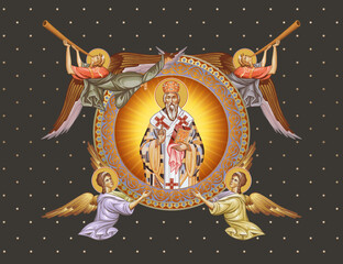 Obraz premium Basil of Ostrog. Decorative vintage illustration with angels in Byzantine style