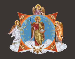 Obraz premium Archangel Raphael. Illustration in Byzantine style with angels and seraphim