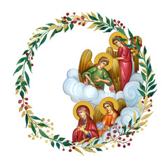 Obraz premium Blessed Virgin Mary and Angels. Decorative vintage floral wreath, illustration in Byzantine style isolated