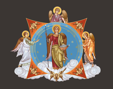 Archangel Raphael. Illustration in Byzantine style with angels and seraphim