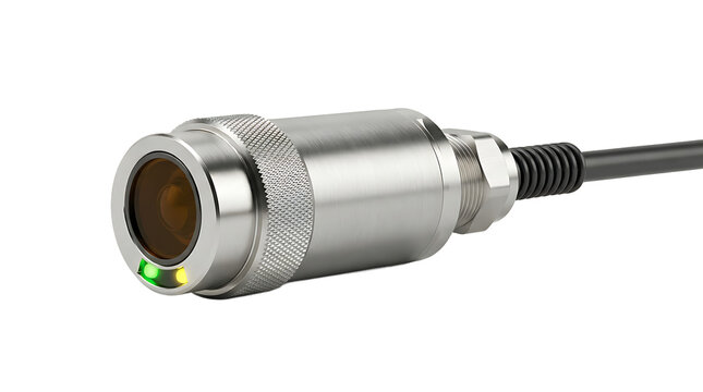 Industrial metal sensor with a cylindrical housing, a lens, and green and yellow status indicator lights, connected by a black electrical cable