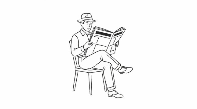 A gentleman in a hat and suit sitting on a chair reading a newspaper, depicted in a classic black and white illustration style