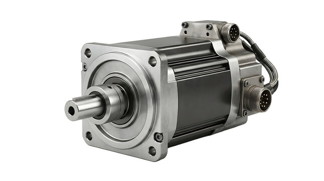 Industrial servo motor with metallic housing and electrical connectors, isolated on a white background, for engineering and, automation use