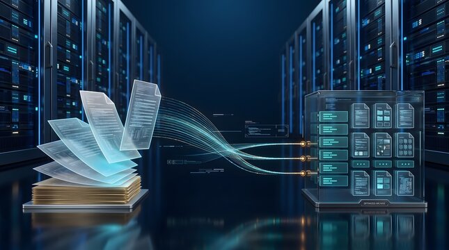 Enterprise automated data archiving and server migration concept showing digital files moving into storage cube