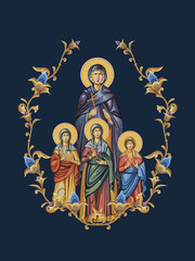 Obraz premium Holy Martyrs Faith, Hope, Love and their mother Sophia Decorative vintage floral illustration in Byzantine style