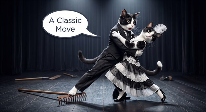 Anthropomorphic black and white cats with dramatic mood dancing tango as one steps on a garden rake featuring "A Classic Move" against a minimalist theatrical stage