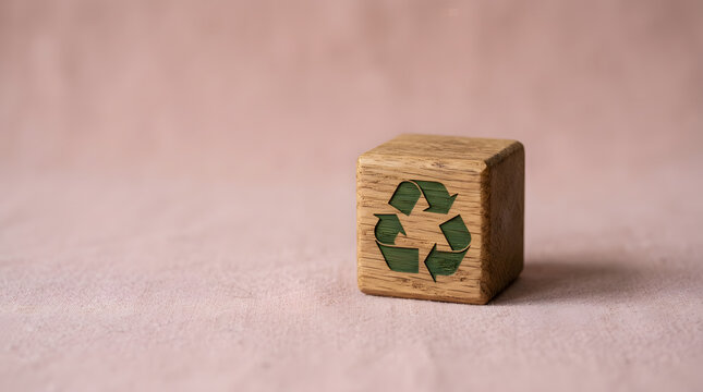 Sustainable living wooden cube icon | Green recycling symbol on wood block | Eco friendly waste management concept | Environmentally conscious lifestyle photography