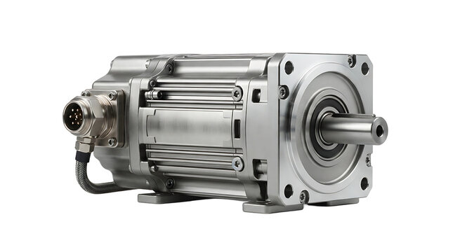 Precision industrial servo motor with metallic casing and electrical port, isolated on a white background, for automation machinery