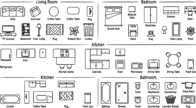 Minimal black line floor plan furniture icon set, interior top view layout with living room, bedroom, kitchen and bathroom elements isolated on white background