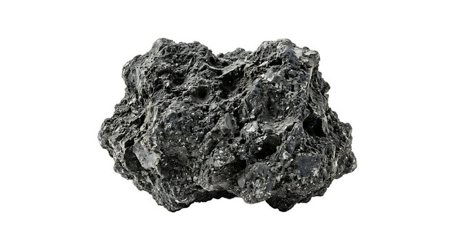 Single piece of dark volcanic basalt rock with porous texture isolated on a white background, for geological study, and mineral collection