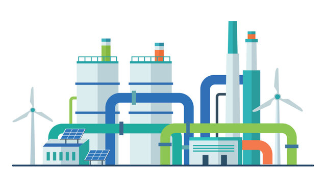 Integrated energy plant with solar panels wind turbines and pipe lines for clean power and smart industry