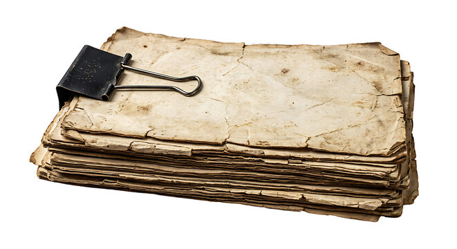 Stack of old weathered paper sheets held together with a black metal binder clip isolated on a transparent background, for vintage
