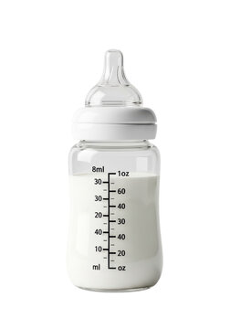 ultra-detailed macro close-up of a clear glass baby bottle with black volumetric markings, three-quarters full of white formula, on a sterile white background. concept of precise infant care