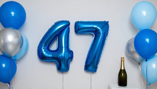 Blue Number 47 Balloon with Champagne Bottle for Birthday or Anniversary Celebration