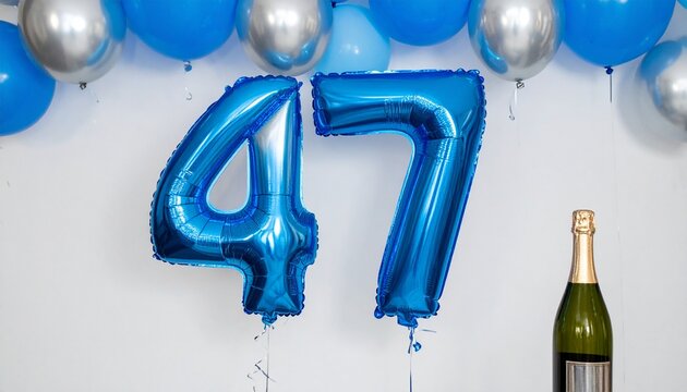 Blue Number 47 Balloon with Champagne Bottle for Birthday or Anniversary Celebration