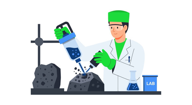 Scientist in Lab Coat Analyzing Mineral Rocks with Precision Equipment in Laboratory. Flat Vector Illustration for Geology, Mining, and Scientific Research Concepts.