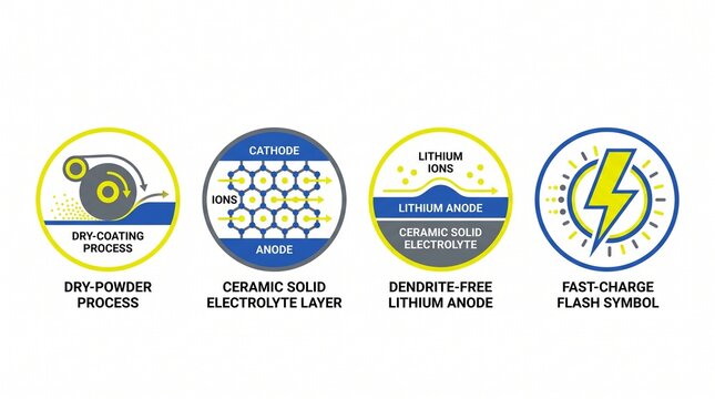 Solid-State Battery Tech and Dry Electrode Manufacturing Flat Vector Icons