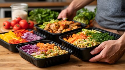 Obraz premium Hands arranging colorful meal prep containers filled with fresh vegetables and protein on a wooden countertop