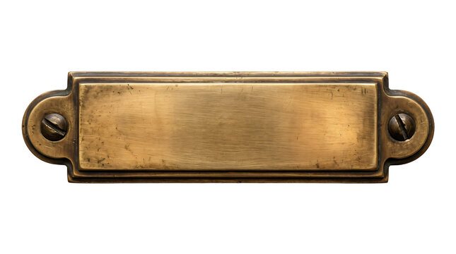 Vintage brass nameplate, blank metal label plate with screw holes, antique engraved plaque for signage and branding mockups
