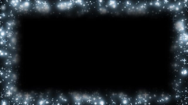 黒背景に眩しく輝くシルバーパーティクルフレーム枠 ループ動画素材 / Dazzling sparkling stars and glowing particles silver frame on black seamless loop video