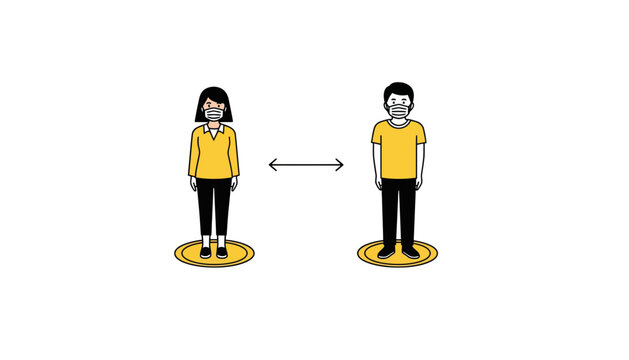 People maintaining social distancing wearing face masks graphic