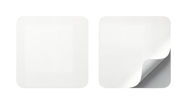 Minimal white square paper sheet mockup, blank rounded corner cards with peel corner, clean product display background