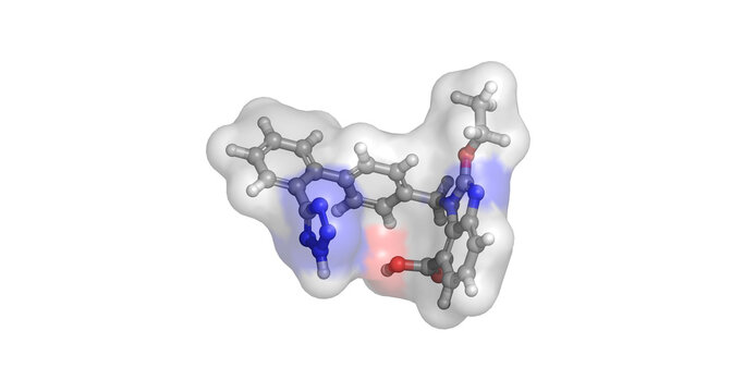 Candesartan, angiotensin II receptor blocker for hypertension and heart failure treatment, 3D molecule 4K