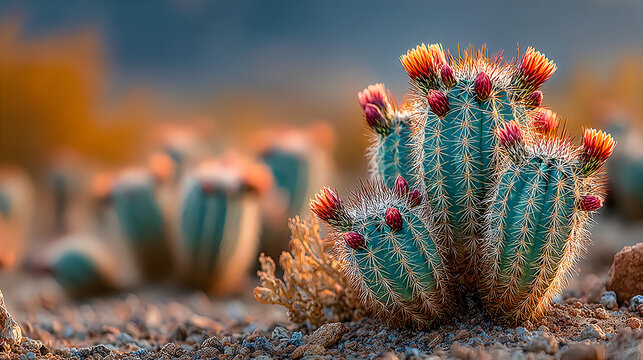 Colorful golden barrel cactus flowers featuring natural desert landscape pictures