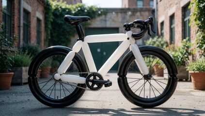 Fototapeta premium White bicycle parked concrete pavement front brick building has black seat handlebars frame made plastic wheel