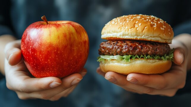 Healthy choice versus indulgent treat displayed in hands showcasing contrasting food options