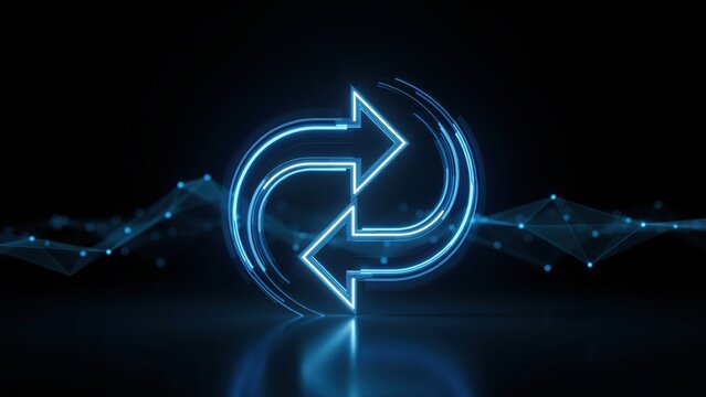 Glowing neon blue circular arrow icon for data synchronization and digital connectivity in a network