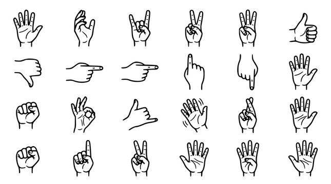 Universal Hand Gesture Line Icon Set with Thumbs Up Down Pointing Fingers Counting Signs Rock and Hand Wave Communication Symbols