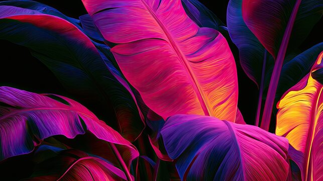 Vibrant, glowing tropical foliage illuminated with neon pink and yellow light