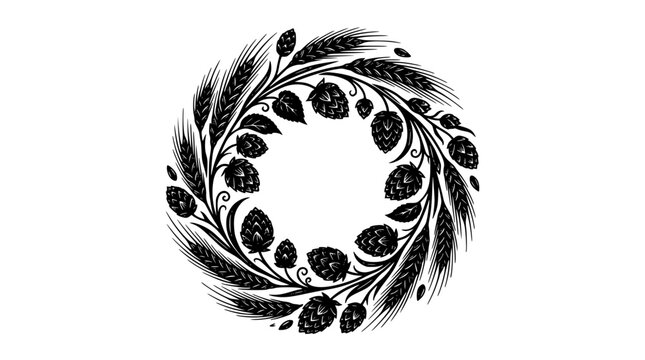 Vintage Craft Beer Brewery Circular Wreath Graphic Element with Detailed Engraving Style Hop Cones Barley and Wheat Ears Ornaments for Label Designs