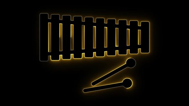 Bright glowing yellow neon xylophone outline graphic animation. Vibrant golden percussion musical instrument icon with mallets shining on dark background for orchestra, concert, sound visual projects.