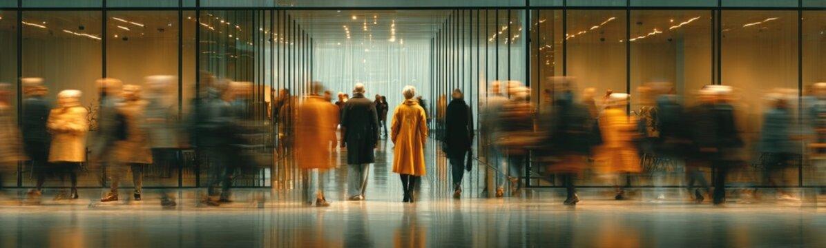 People walking in a line in front of a glass building
