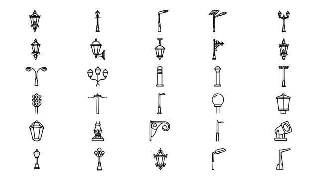 Street Lamp and Outdoor Lighting Icon Set with Line Symbols Including Vintage Lanterns Modern Posts Wall Brackets and City Architecture Elements