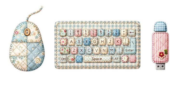 A set of three handmade quilted fabric items featuring mouse with button eye, keyboard with pastel keycaps, and usb stick with plaid pattern, all on neutral background.