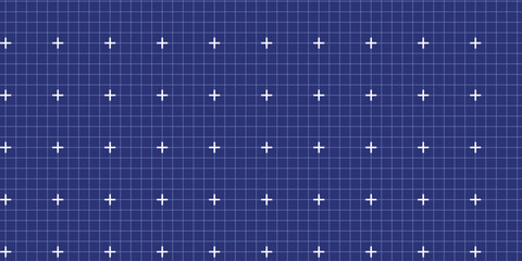 Notebook grid paper seamless pattern with white cross mark on navy blue. Trendy blueprint pad background with square cells for science plan. Endless vector texture in blueprint mood for notebook page © Syuzann q