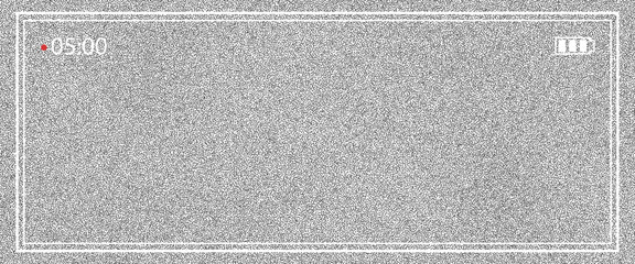 Naklejka premium Camera screen with rec frame and grey static. Fine noise fills a wide tv viewfinder with timestamp and battery icon. Vintage vector camera rec overlay for video interface or presentation slide