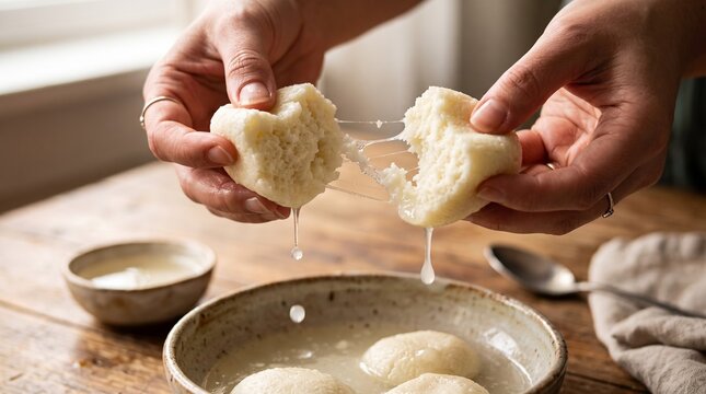 Hands gently squeezing a spongy white rasgulla dessert, with sweet syrup dripping down over a bowl in bright daylight.
