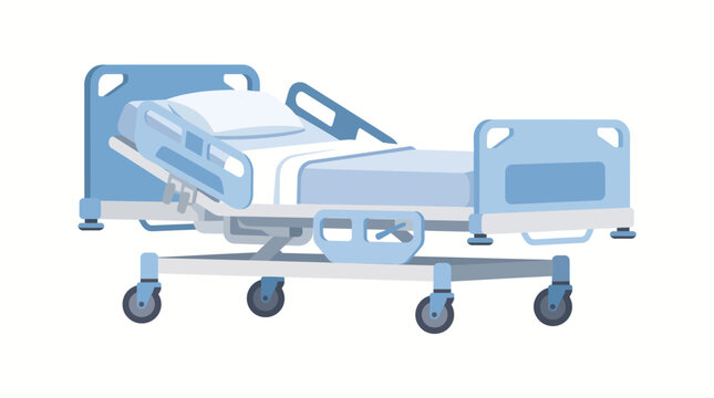 Modern adjustable hospital bed with wheels and railings.