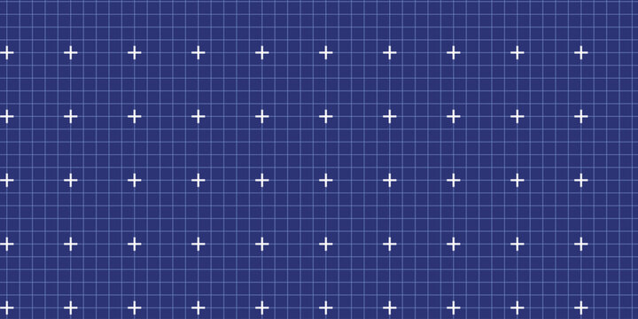 Notebook grid paper seamless pattern with white cross mark on navy blue. Trendy blueprint pad background with square cells for science plan. Endless vector texture in blueprint mood for notebook page